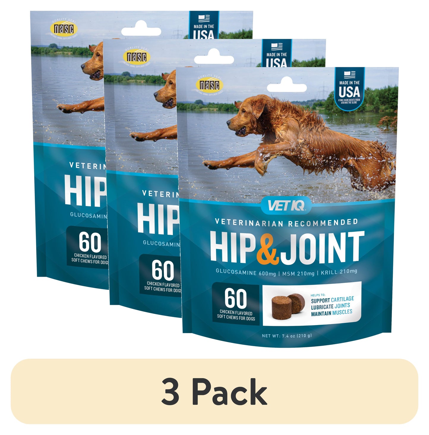 (3 Pack) Hip & Joint Supplement for Dogs, Chicken Flavored Soft Chews, 7.4 Oz, 60 Count