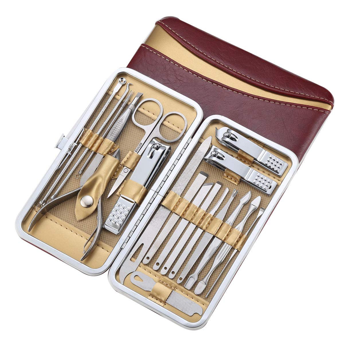 Pedicure Manicure Kit 18 in 1 Manicure Set Professional Sharp Nail Clippers Thick Cutter & File Vibrissac Scissors Men & Women Fingernails & Toenails with Case (Wine Red_19 Pieces)