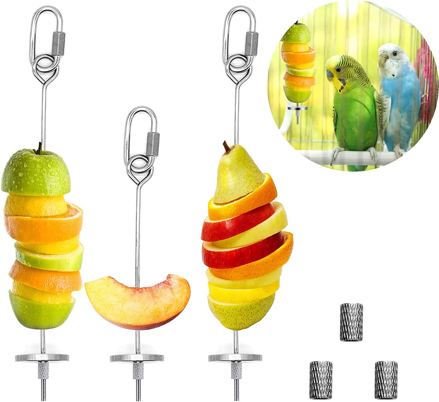 3Pcs Bird Food Holder, Bird Feeder Toy, Stainless Steel Small Animal Fruit Vegetable Stick Skewer, Foraging Hanging Food Feeding Treating Tool for Parrots Cockatoo Cockatiel Cage