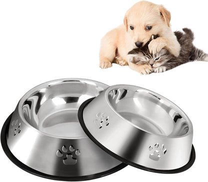 2 Stainless Steel Dog Bowls, Dog Feeding Bowls, Dog Plate Bowls with Rubber Base,Small Pet Feeder Bowls and Water Bowls .(S-11.8Oz)